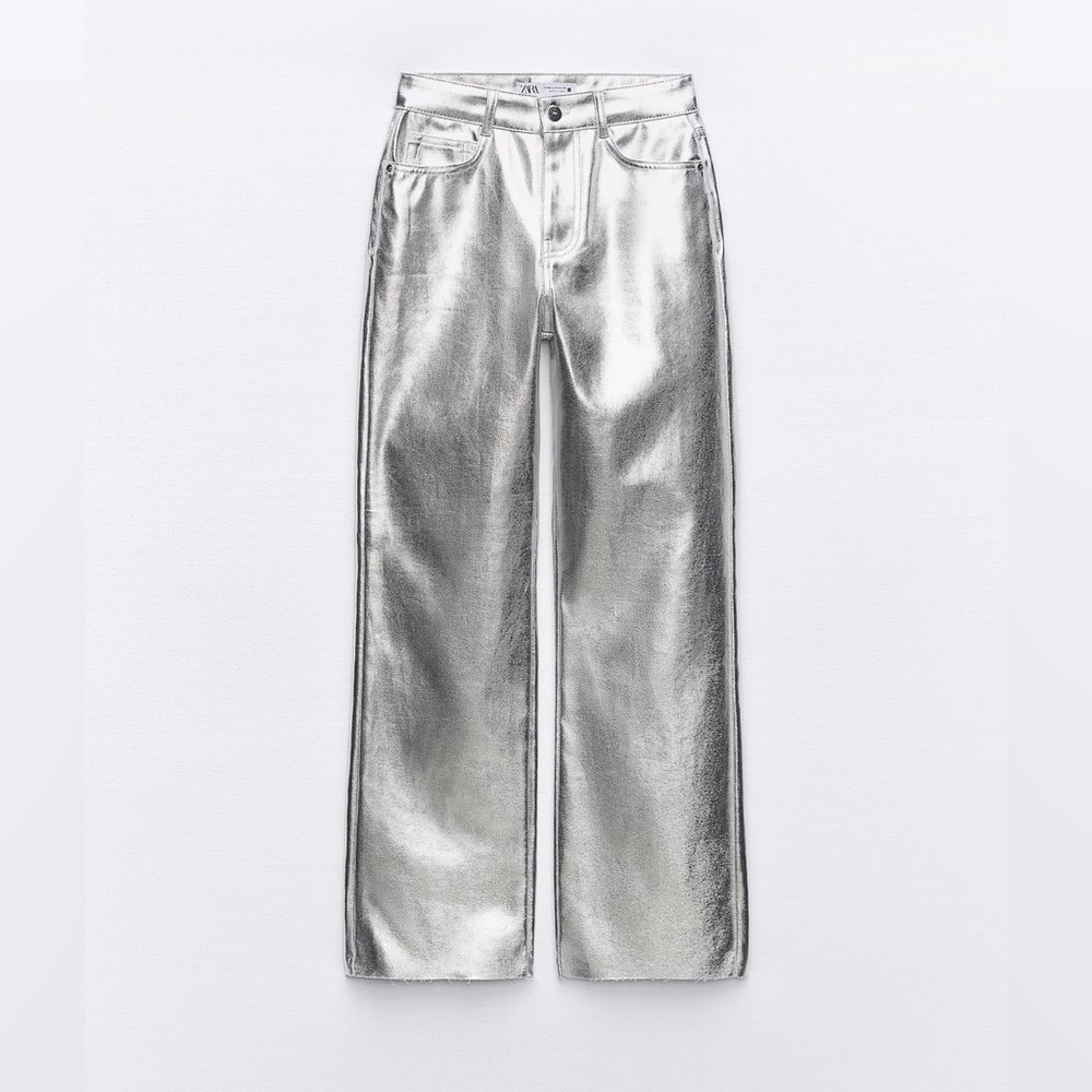 Zara High Rise Metallic Silver Straight Leg Jeans - Size 2, Never Worn